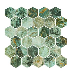 Miscasa Peel and Stick Hexagon Backsplash Tile, Self Adhesive Glossy 3D Green Marble Wall Tiles with White Bordered Design, Stick On Kitchen & Bathroom Backsplash (6-Sheet)