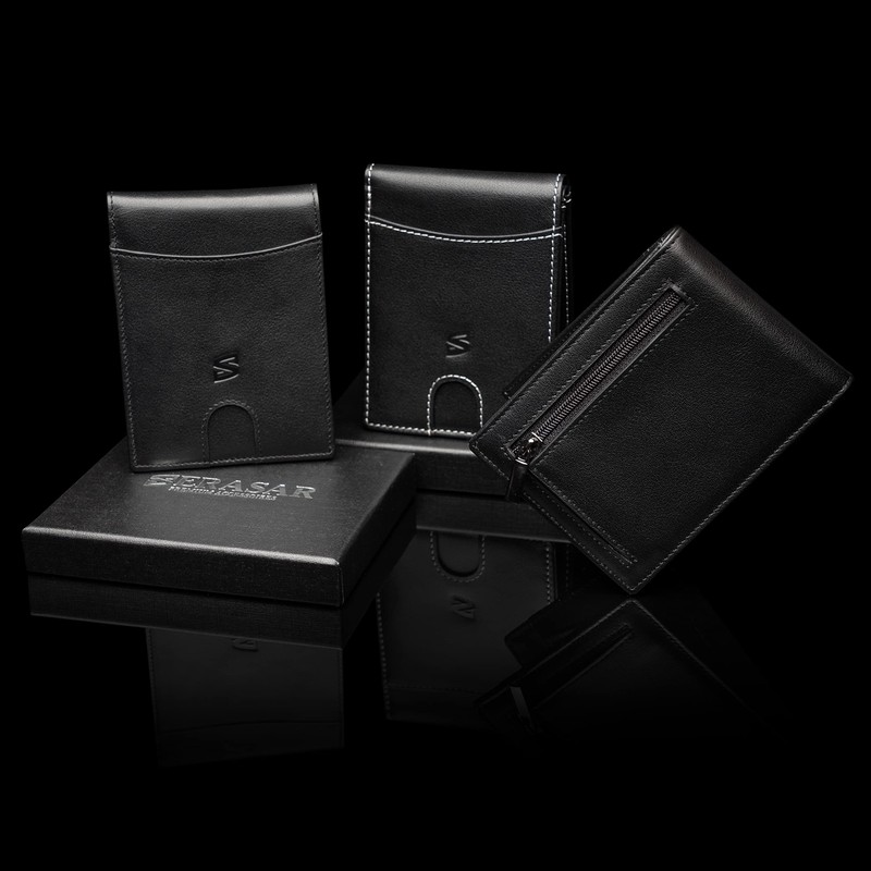 Black/White Leather Card Wallet for Men with RFID Blocker without