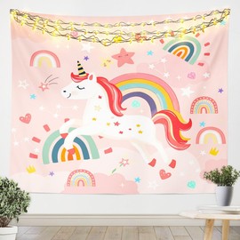Loussiesd Unicorn Tapestry 130 x 150 cm Cute Rainbow Unicorn Tapestry for Girls Children Tapestry Cartoon Pink Star Dreamlike Wall Art Room Decoration