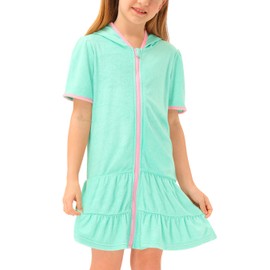 Girls Summer Zip Up Swim Ruffle Hem Cover Up Wraps Hooded Short Sleeve Bathrobe Light Blue 10 Years