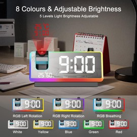 GuDoQi Projection Alarm Clock for Bedroom with RGB Night Light, Digital Clock with 180° Projector & 8 Mode Light, 7" Large LED Display, Dual Alarms, Temperature&Humidity, Dual USB Port, Snooze, Black