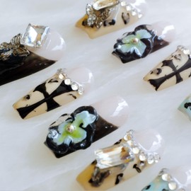 GLORS Press On Nails, Long Ballerina Style with 3D Flowers and Crystals, Black and Yellow Design, Handmade False Nail 10 Pieces (S, LC)