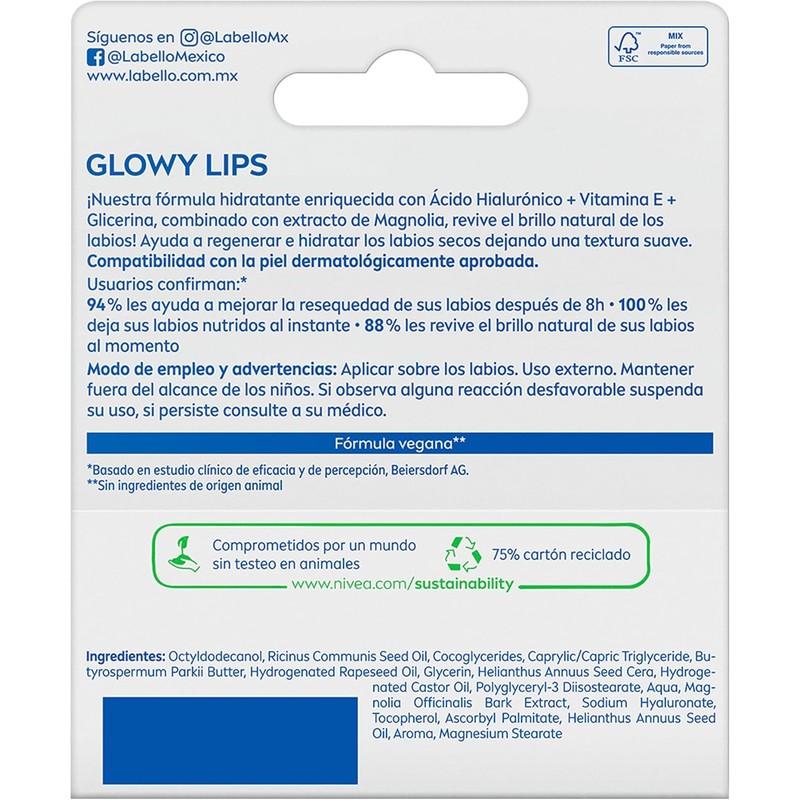 LABELLO Bálsamo Labial Glowy Lips Clear 4.8gr, con Extracto de