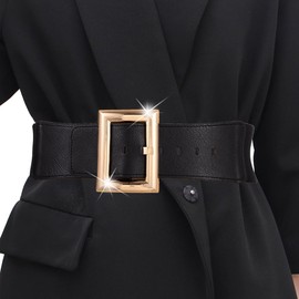 Aularso Women’s Wide Elastic Waist Belt for Dresses Gold Buckle Ladies Belt Black Leather Stretch Belt Fashion Waistband (Square-Buckle, Black, S)