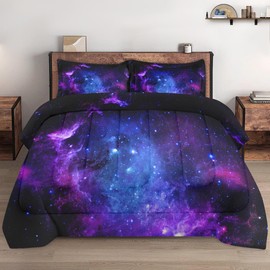 WeCozy Twin Size Comforter Set with Pillowcase, Purple Blue Earth 2 Pcs Bedding for Kids and Adults, Galaxy Space Soft Comforter Set for Bedroom Bed Decor