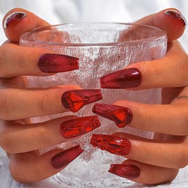 Sethexy Red Rhinestone Handmade Artificial Nails Sparkle Cat Eye Long Coffin Artificial Nails Crystals Shiny 3D Heart Press on Nails Durable for Women and Girls