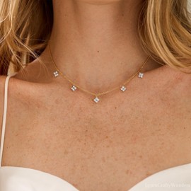 Freekiss Gold Station Necklace for Women: Dainty Diamond Necklace Simple 14K Gold Plated Chain Choker Necklace Non Tarnish Small Cute Flower Necklaces Fashion Jewelry for Women Trendy Gifts