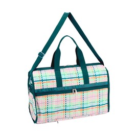 LeSportsac Mason Madras Deluxe Large Weekender Crossbody Bag, Style 4319/Color E875, Festive Tropical Hues, Modern & Fun Interpretative Plaid Design, Lively Weave Design, Chevron Background