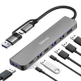 SINEHO 7-in-1 Dual USB Hub (USB-C & USB-A Input), USB C Adapter with USB 3.0, 4x USB 2.0, Dual USB-C Data Ports for Laptops, PC, Type-C Devices