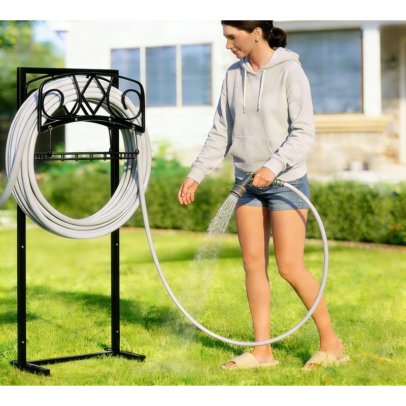 CALIDOLA Freestanding Garden Hose Organizer with Black Powder-Coated Finish -