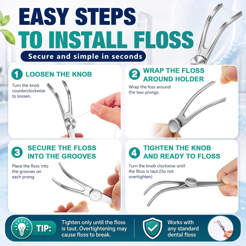 4 Pcs Stainless Steel Dental Floss Holder Reusable Flosser, Silver