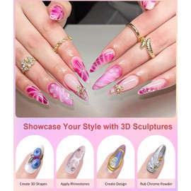 Chrome Nail Powder and 3D Nail Gel Kit BISHENGYF: 15g No Wipe 3D Sculpting Gel Aurora Pink White Pearl Gold Chrome Nail Powder with Clear 3D Carving Nail Molding Glue Set for Nail Art Decoration