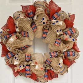 Americana Ribbon Patriotic Handmade Deco Mesh Wreath 24 inch or 28 inch diameter