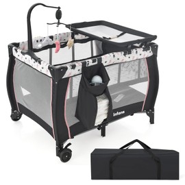INFANS 3 in 1 Pack and Play, Portable Travel Baby Crib Bassinet with Detachable Mattress, Newborn Changing Table, Foldable Playpen with Carry Bag and 2 Wheels (Classic)
