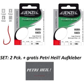 Set of 2 packs of Jenzi red tied to fluorine carbon, 50 cm, hook size: 2, 4, 5, 6, 8, 10, 14+ free Petri Heil! sticker (hook size: 14)