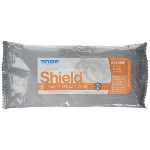 Stryker - Sage Comfort Shield Barrier Cream Cloths with Dimethicone - 1 Package, 8 Cloths - One-Step Wipes Clean, Treat and Protect Skin from Incontinence Irritation, Hypoallergenic