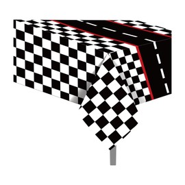 CC HOME 1Pc Speedway Party Plastic Tablecloth 54 x 87 Inch Long Table Cover, Black White Grid Party Tablecover for Racing Track Theme Kids Baby Shower Birthday Dinner Picnic Kitchen Event