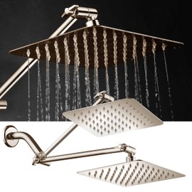 HotelSpa Large 8 inch Stainless Steel Slimline Square Rainfall Showerhead with 11 inch Solid Brass Adjustable Extension Arm – Brushed Nickel Finish
