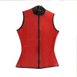 Women's Red Sleeveless Latex T-Shirt with Front Zipper,Shaping Casual Latex Tank Tops,for Novelty Club Wear-S