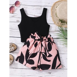 NEW 6-14 Years Seechosle Girls 2 Piece Outfits Ribbed Tank Top and Paperbag Shorts Set with Pockets (Black/pink, 10 Years)