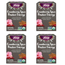 Yogi Tea Cranberry Spice Positive Energy - Organic Puerh Tea - Supports Focus & Energy - Caffeinated - Includes Cinnamon, Ginger & More - 16 Tea Bags Per Pack (4 Packs)