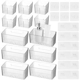 12 Pcs Storage Organizer Bins, Wall-Mounted Storage Baskets with Self-Adhesive Hooks, Clear Plastic Hanging Baskets, Stackable Storage Holders for Bathroom, Kitchen, Refrigerator