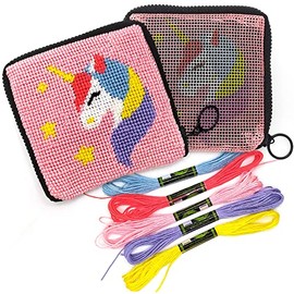 Pre Printed Needlepoint Wallet Kit for Kids Embroidery Arts and Crafts Set Cross Stitch Sewing Latch Hook Kit (Unicorn)