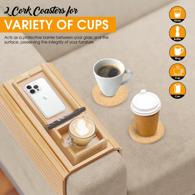 Bamboo Couch Cup Holder Tray with 2 Cork Coasters, Caddy,