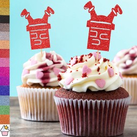 6X Double Sided, Handmade, Father Christmas Chimney Glitter Cupcake Toppers by Cakeshop | 480gsm Glitter Xmas Santa Cupcake Decorations | Black