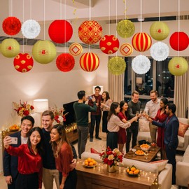 20Pcs Chinese Lunar New Year Decorations 2027 Paper Lanterns Pom Poms Hanging Swirls for Vietnamese TET Japanese Hibachi Party Home Decor