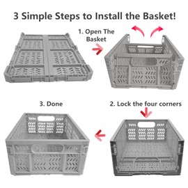 PTEREIW 20L Folding Crate, 4Pack Plastic Storage Baskets Organizer for Home and Office,Collapsible Storage Crates for Home Office and Outdoor Organizer. (Grey)