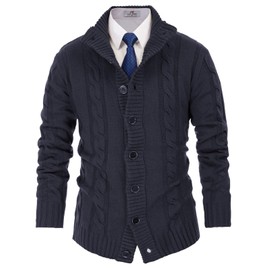 PJ PAUL JONES Mens Stand Collar Button Down Cardigan Stylish Cable Knitted Sweater Dark Blue XL