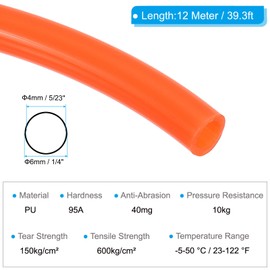PATIKIL Pneumatic Tubing 1/4" OD 39ft, 6mm OD 4mm ID PU Air Line Pipe Tube for Air Compressor Fitting or Fluid Transfer, Orange Red