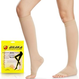 Ailaka 20-30 mmHg Compression Calf Socks for Women & Men, High Open Toe Graduated Support Varicose Veins Knee Stockings Hosiery, Travel, Nurses, Pregnancy, Recovery