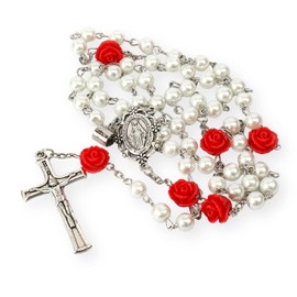 Nazareth Store Pearl Beads Rosary Beaded Necklace Projection Our Father Prayer Medal with Miraculous Centerpiece and Jesus Crucifix NS (White)