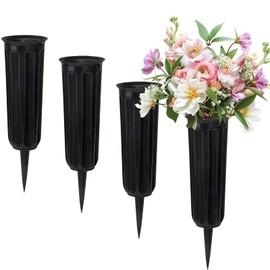 Pack of 4 Grave Vases with Spikes, Plastic Flower Holder for Cemetery, Flower Vase, Grave Decorations for Cemetery, Tombstone, Grave Side (Black)