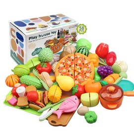 Comida De Juguete, 58 Pack Frutas y Verduras De Juguete Para Cortar, Juguetes Didacticos Montessori, Accesorios Con Cesta De La Compra, Mini Platos De Plástico y Cuchillo, Regalo Ideal Para 3+ Años