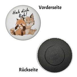 Luchs and Panda Magnet Round with Saying "Hab Dich lieb" Perfect for Partner or Friends A Sweet Hug Between Predatory Cat and Panda as a Valentine's Gift