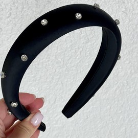 Hair Accessory, Padded Headband with Rhinestones, Fancy Headband (Black, One)