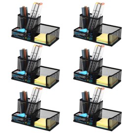 Lemecima 6 Pieces Pen Holder for Desk Mesh Metal Pencil Holders Pen Cup Marker Desk Caddy with Sticky Notes Organizer for Office Supplies Workspace School Home Black