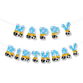 Cartoon Story Happy Birthday Banner, Pre-String Blue Sky and White Cloud Cow Birthday Banner Toy Inspired Story Birthday Decoration for Party Decorations Supplies