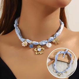 Boho Style Scarf Necklace with Charm - Adjustable Fabric Pendant, Bow, Flower, Bee - Summer Fashion Accessory for Women (Pink)