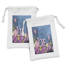 Ambesonne Vintage Rose Fabric Pouch Set of 2, Love Theme Floral Bouquet Valentines Photo, Small Drawstring Bag for Toiletries Masks and Favors, 9" x 6", Pale Pink Slate Blue