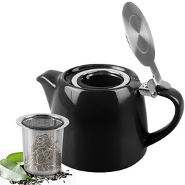 Teapot with Strainer Insert, 500 ml Ceramic Teapot with Removable Stainless Steel Tea Strainer, Ceramic Teapot for Home and Office Perfect for Loose Tea, Semi Glossy Black