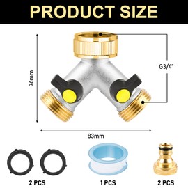 BAIFULAI 2 Wege Y Verteiler Wasser 3/4 Zoll, Wasseranschluss Verteiler mit Absperrhähnen, Gartenschläuch mit 2er Verteiler 3/4" Adapter, Kugelhahn zum Einstellen und Absperren des Wasserflusses