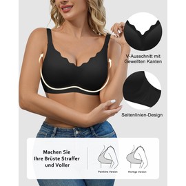 SHARICCA Women's Bra Without Underwire - Seamless V Neck Wavy Edges Push Up Bra Soft Breathable Seamless Bustier with Bra Extension, Black-1p02