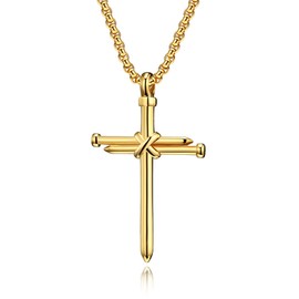 Dreuyet Nail Cross Necklace for Men Stainless Steel Vintage Polished Black Gold Silver Nail Cross Pendant Chain 24 inch Strength Bible Verse Cross Necklace Christian Jesus Jewelry Gifts (Gold)