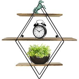 Greenco Geometric Diamond Shaped 3 Tier Mounted Floating, Rustic Wood Wall Storage Shelves for Bedroom, Living Room, Bathroom, Kitchen, Office etc, Natural
