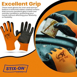 STIX-ON 20 Pairs Orange Large Work Gloves–Heavy Duty Rubber Coated Safety Work Gloves–Multipurpose Gloves