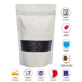 Rightpak Window Stand Up Pouches 100 Pieces 13cm x 21cm, White Matt Resealable Food Packing Smell Proof, Zip Lock Tear Notches Bags